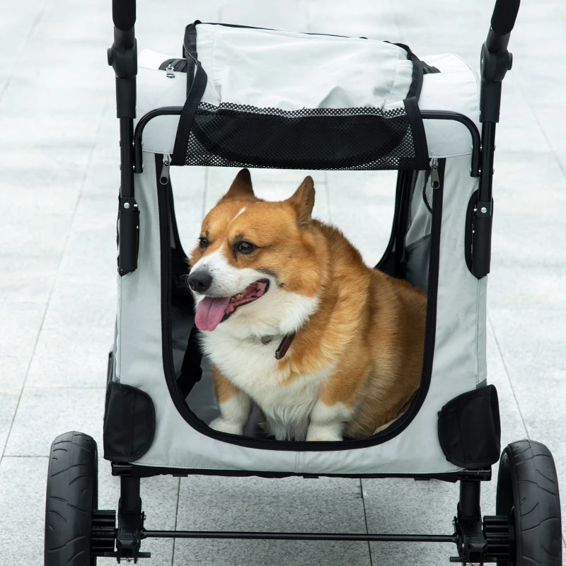 PawHut Carrito para Perros con Ventanas Bolsillo de Almacenaje Correas de Seguridad y 2 Ruedas Universales 107x67x102 cm Gris