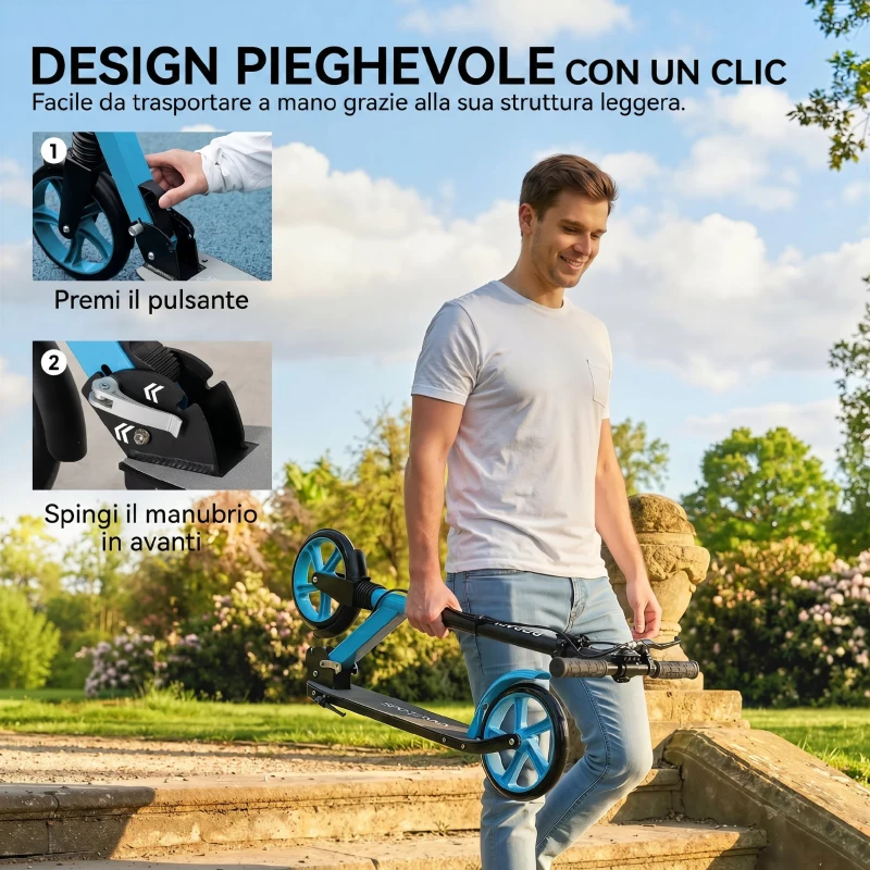 HOMCOM Monopattino Adulto Pieghevole con Manubri Regolabili, in Alluminio, Ruote Grandi di 200 mm, Ammortizzatore, Doppio Freno, Portata 100 kg, Blu