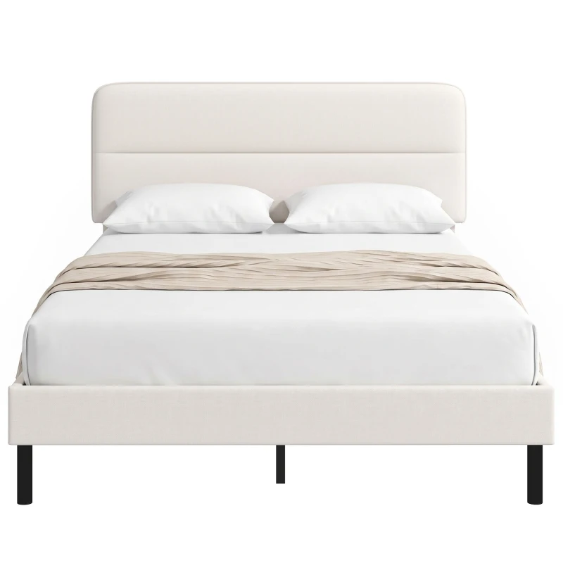 HOMCOM Cadru pat 140 x 200 cm cu tăblie reglabilă, pat tapițat cu aspect de in și 12 lamele din placaj, bej