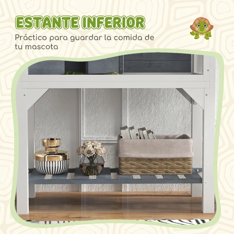 PawHut Casa de Tortugas de Madera con Estante Soporte para Lámpara Paneles Transparentes Techo Abatible Bandeja Gris