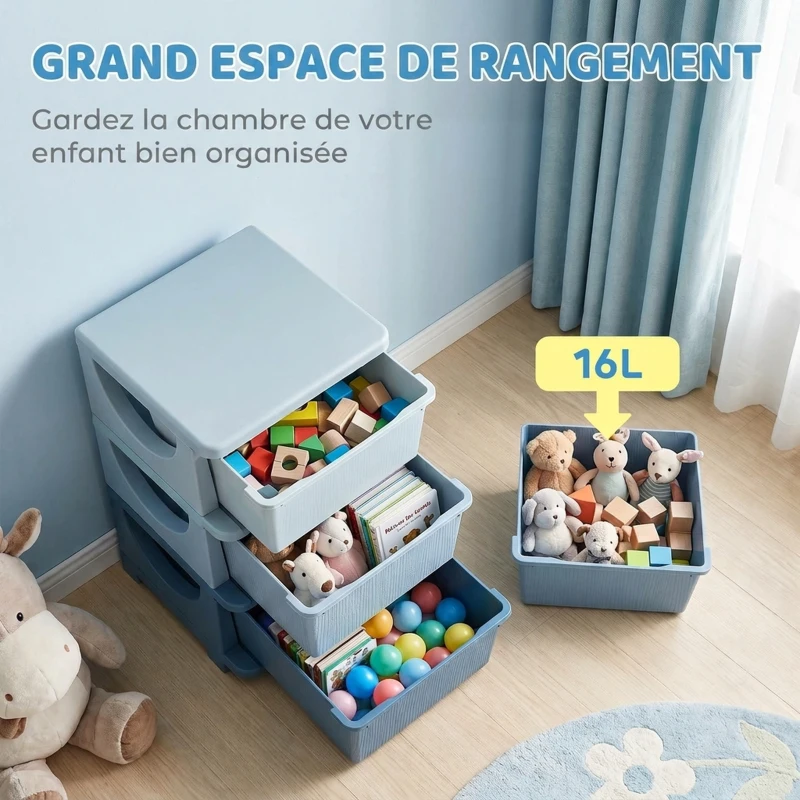 HOMCOM Organisateur de jouets pour enfants avec tiroirs à 3 niveaux, boîtes de rangement en plastique, 37 x 37 x 56,5 cm, bleu