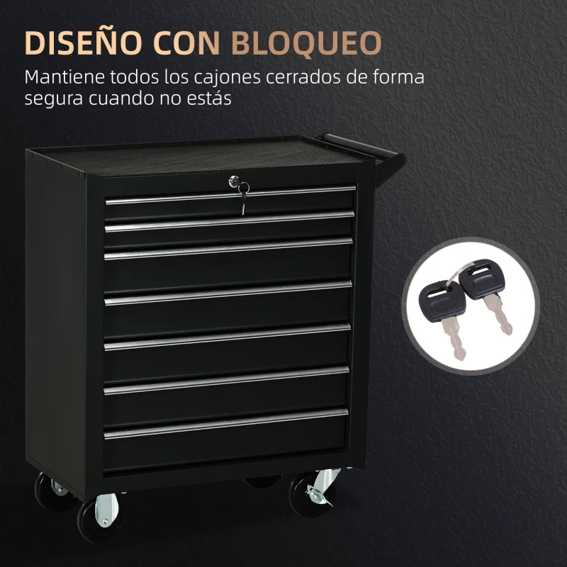 DURHAND Carro de Herramientas con 7 Cajones Cerradura Asa 2 Ruedas con Freno de Bloqueo para Garaje Hogar Negro