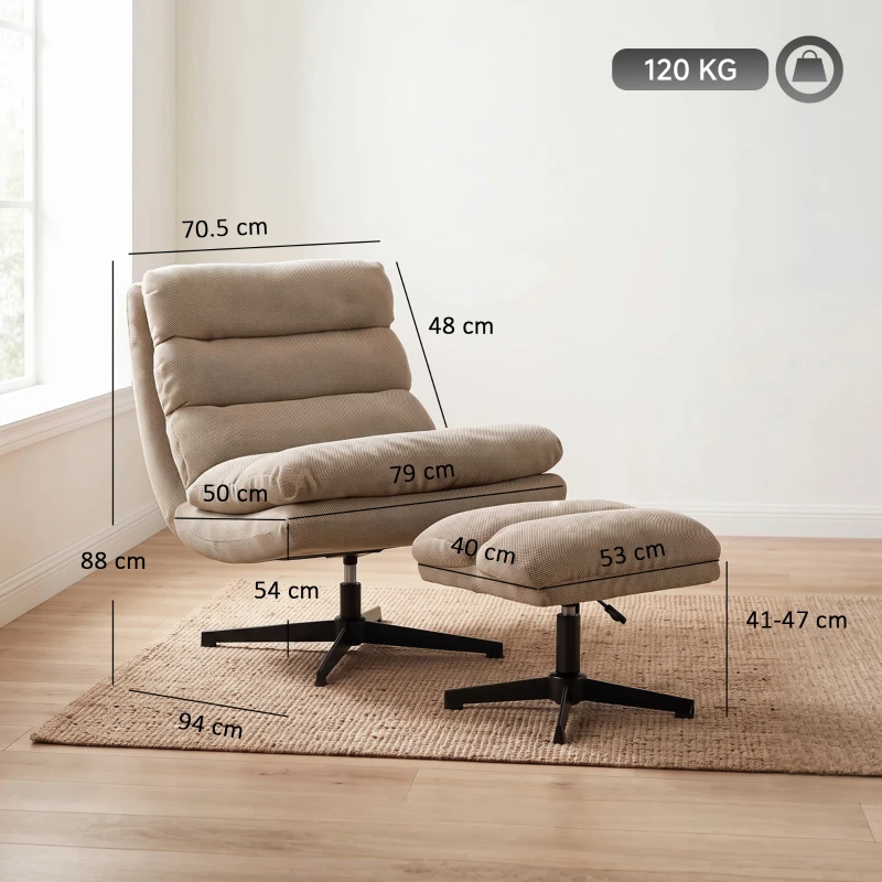 HOMCOM Wohnzimmersessel mit verstellbarem Fußhocker, Rotation 360 °, gesteppter Leinen-Sessel, breite Sitzfläche, Braun