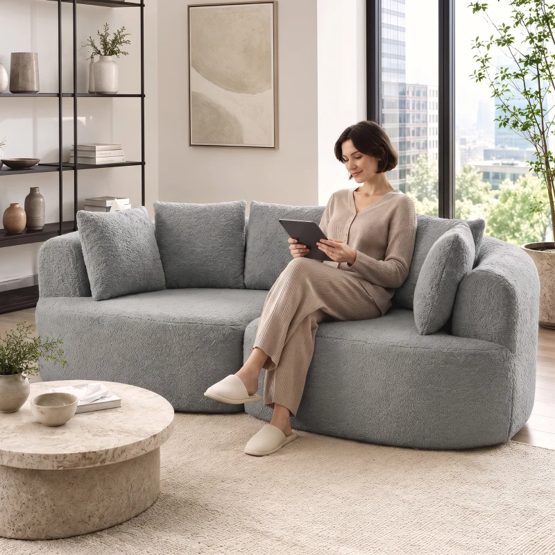 HOMCOM 3-Sitzer-Sofa rahmenlos mit tiefer Sitzfläche, 6 Kissen, geschwungenes Design, Chenille, Hellgrau