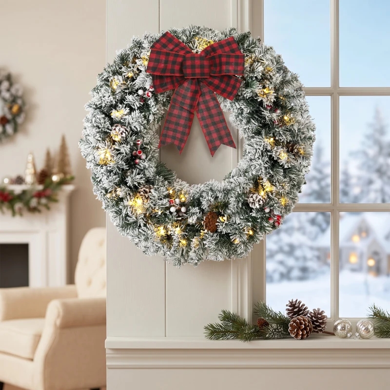HOMCOM Corona de Navidad Puerta Efecto Nevado con 50 LED Luces Piñas Bayas y Lazo Festivo para Chimenea Pared Ventana