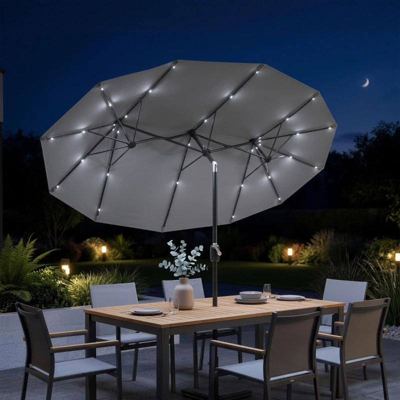 Outsunny Sombrilla de Jardín Doble 295x150x219 cm con Luces LED Solares Toldo con Inclinación Ajustable y Manivela Manual Gris