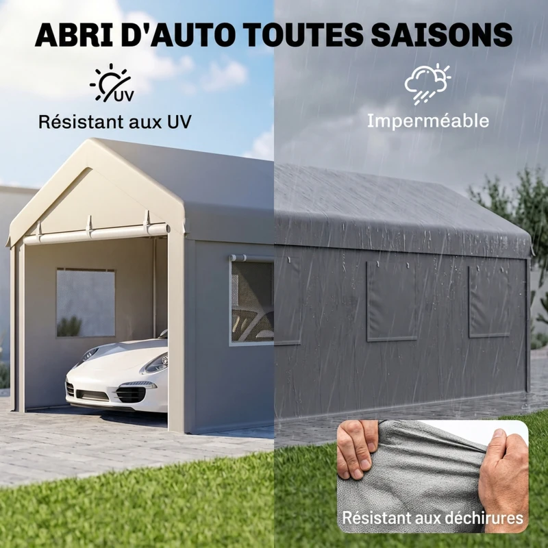 Outsunny Tente garage carport 6L x 2,95l x 2,78H m acier galvanisé PE haute densité 160 g/m²  2 portes enroulables et 6 fenêtres