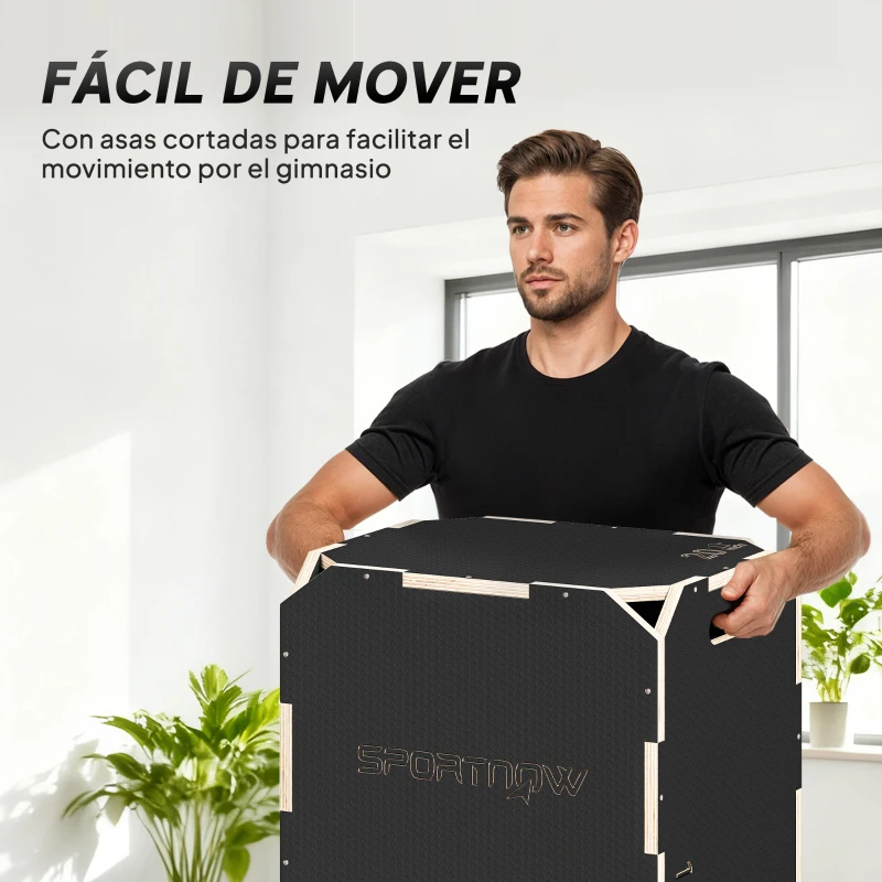 SPORTNOW Cajón Pliométrico de Madera 3 en 1 con 3 Alturas Diferentes Asas sin Esquinas Entrenamiento de Salto 51x48x41 cm