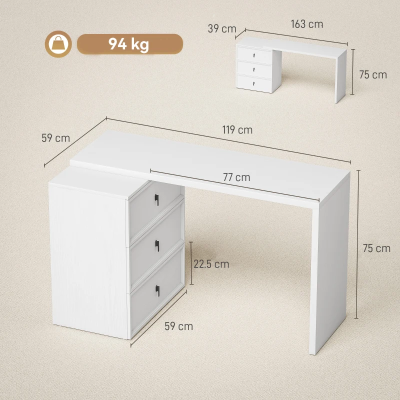 HOMCOM L Shaped Computer Desk with 3 Drawers, 163 x 39 cm Corner Desk, Thick Tabletop, Office Table, White Wood Effect