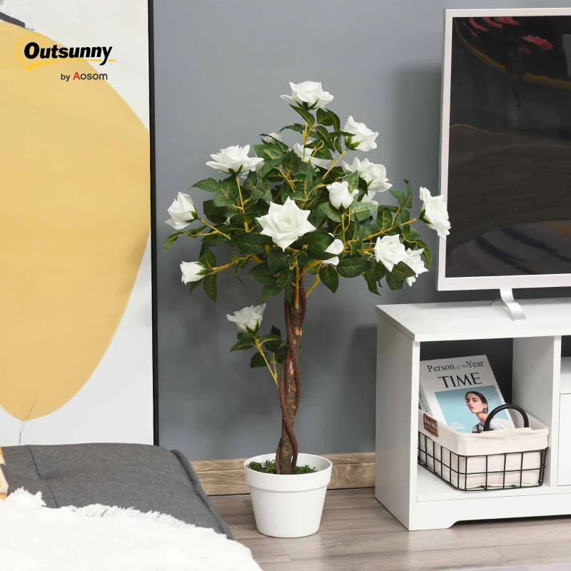 Outsunny Arbre à Roses Artificiel 90 cm en Plastique, 21 Fleurs, 350 Feuilles en Tissu, Pot, Facile à Entretenir, Blanc