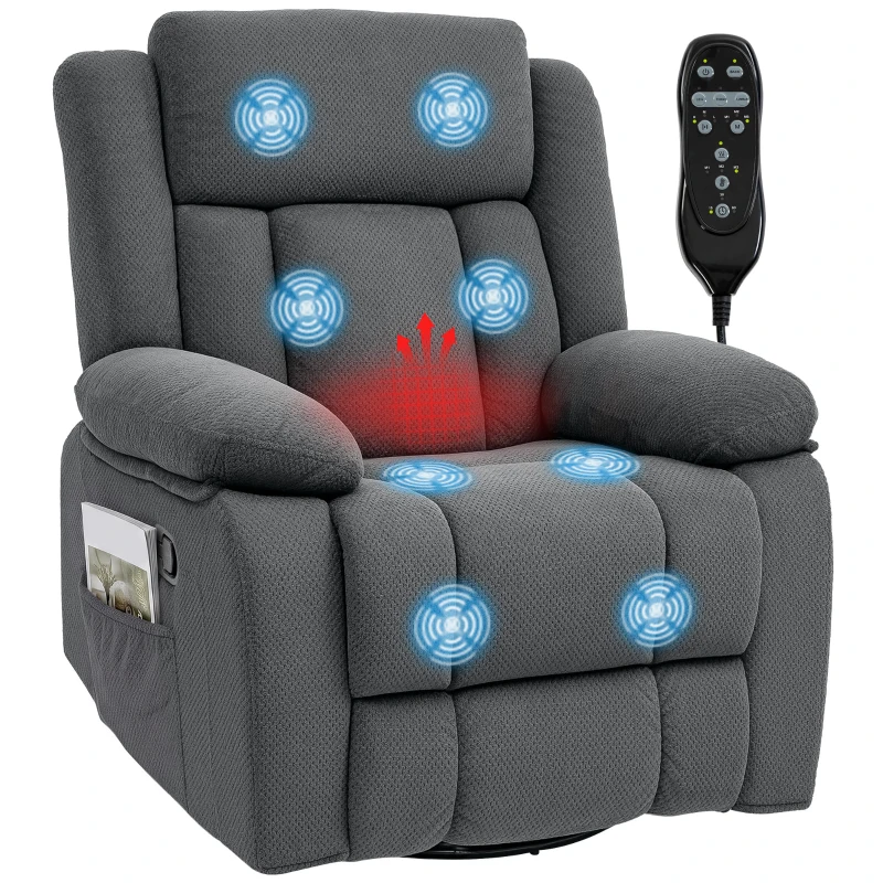 HOMCOM Fotoliu relax cu masaj prin vibrații și încălzire, fotoliu rotativ reglabil manual cu funcție de balans și arcuri pocket, Gri