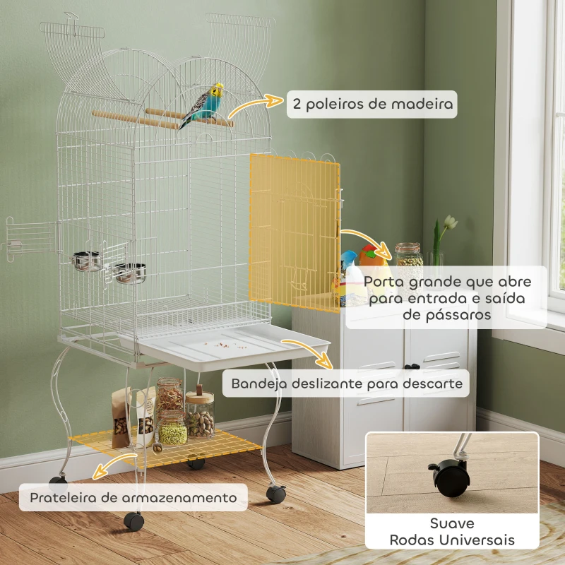 PawHut Gaiola para Pássaros com Rodas e Estante 51x51x153 cm com Parte Superior Rebatível Comedouros e Bandeja Removível Branco
