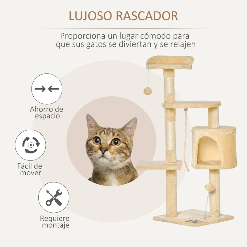 PawHut Árbol para gatos Rascador Grande con Plataformas Casetas Bolas de Juego 114cm Cubierto de Felpa Beige