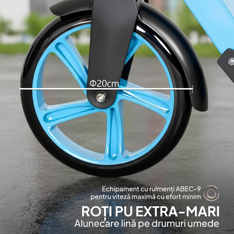 HOMCOM Trotinetă Pliabilă pentru Adulți, Ghidon Reglabil, Aluminiu, Roți Mari 200 mm, Amortizor, Frână Dublă, 100 kg, Albastră