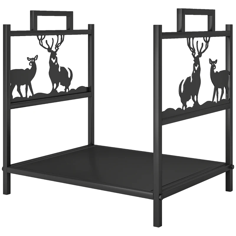 Outsunny Estante de Leña Metálico con Asas 42,5x33,5x43 cm Soporte de Madera para Chimenea para Jardín Terraza Negro