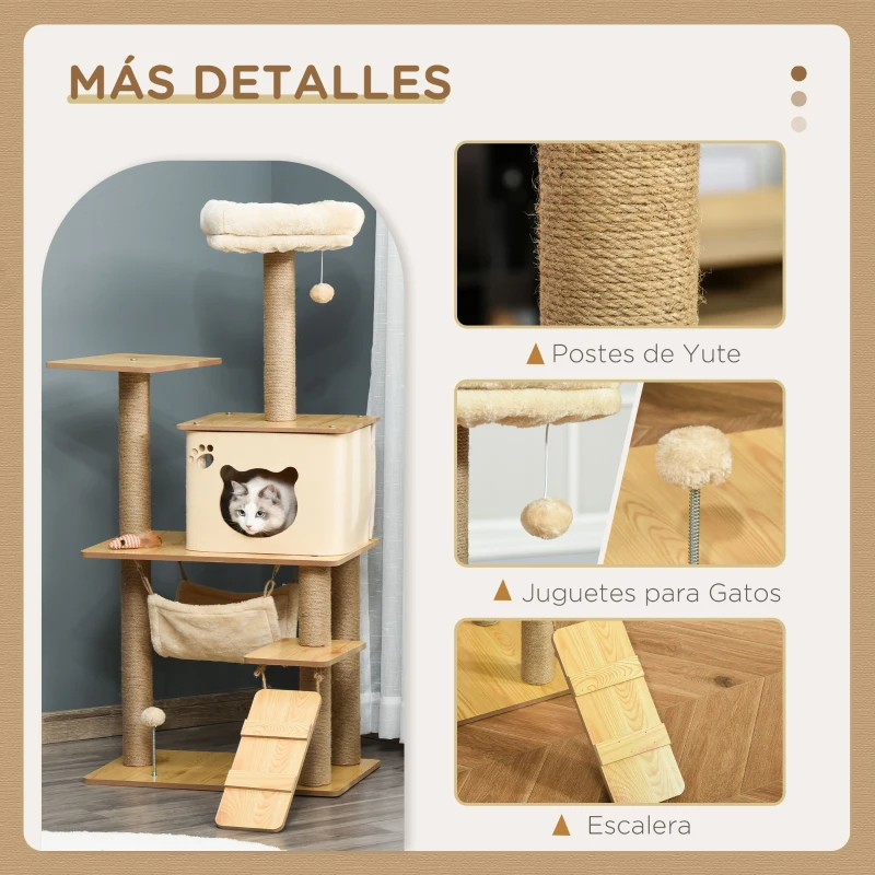 PawHut Árbol Rascador para Gatos 130 cm, Árbol para Gatos con 5 Plataformas, Hamaca, Escalera, Cueva, Postes de Yute, Bola Colgante, Beige