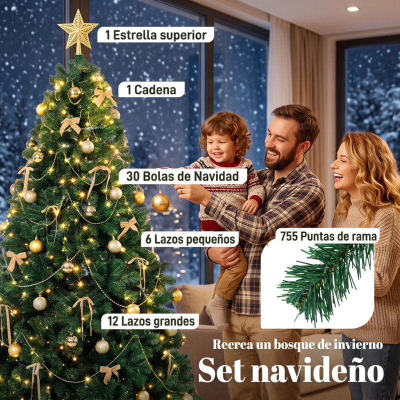 HOMCOM Árbol de Navidad Decorativo 180 cm con 240 LED 755 Ramas Ignífugas Estrella 30 Bolas 18 Lazos Decoración Dorado Verde