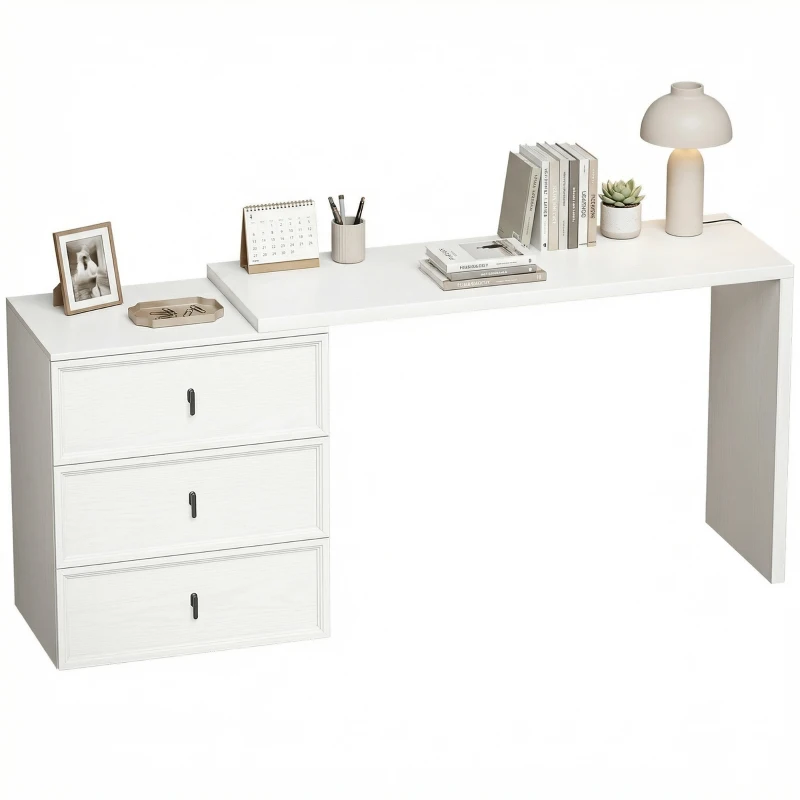 HOMCOM L Shaped Computer Desk with 3 Drawers, 163 x 39 cm Corner Desk, Thick Tabletop, Office Table, White Wood Effect