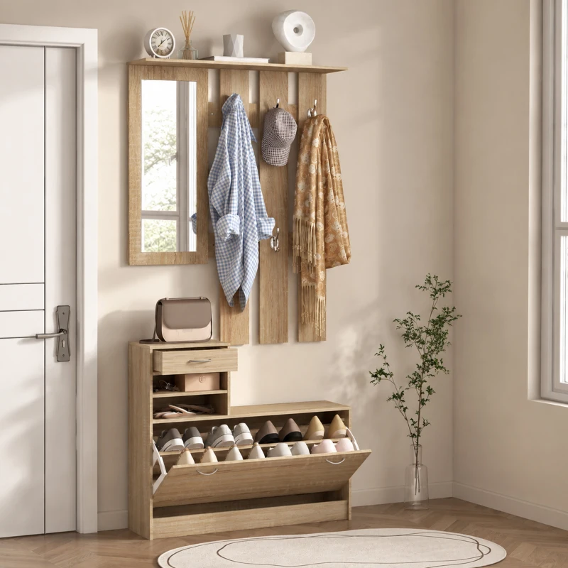 HOMCOM Cuier 3 în 1 cu Suport pentru Pantofi și Oglindă, Cârlige și Sertare, din Lemn, 90x24x177 cm, Culoare Stejar