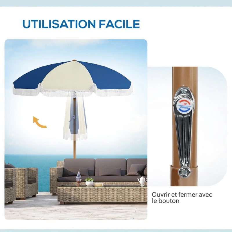 Outsunny Parasol inclinable rond Ø 225 cm avec franges polyester haute densité anti-UV mât démontable, vintage bleu et beige