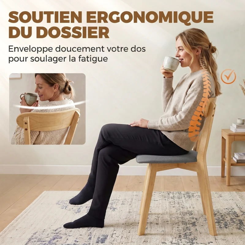 HOMCOM Lot de 2 Chaises de Salle à Manger, Chaises Cuisine, Assise Rembourrées en Lin, Dossier Incurvé, Gris et Bois Naturel