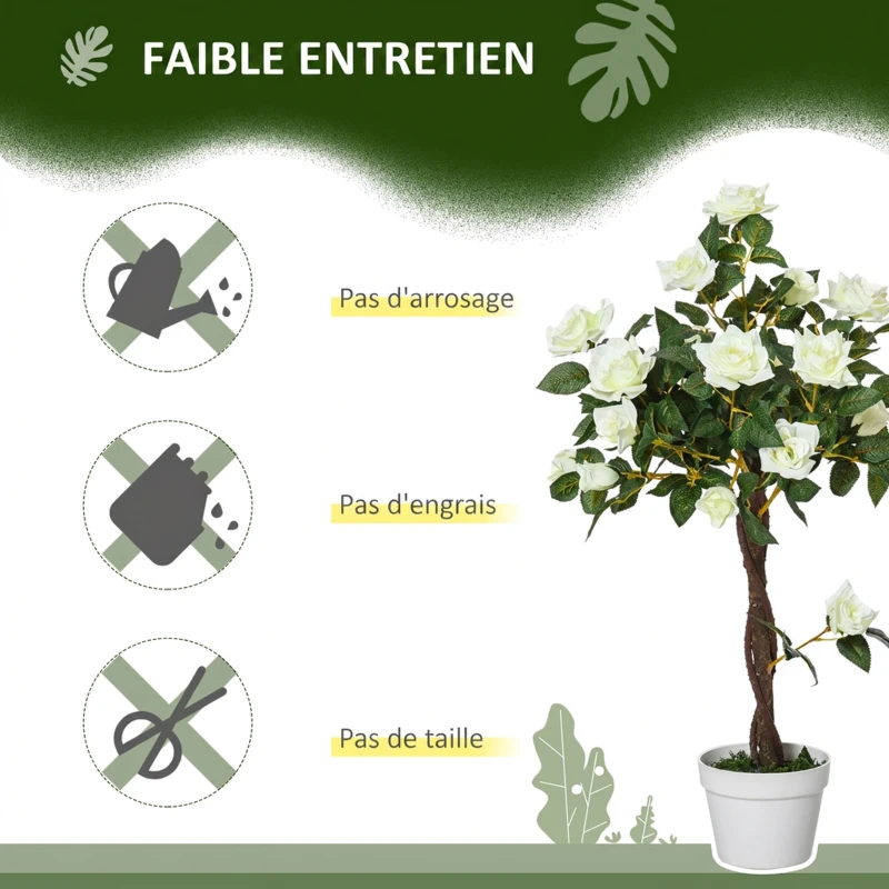 Outsunny Arbre à Roses Artificiel 90 cm en Plastique, 21 Fleurs, 350 Feuilles en Tissu, Pot, Facile à Entretenir, Blanc
