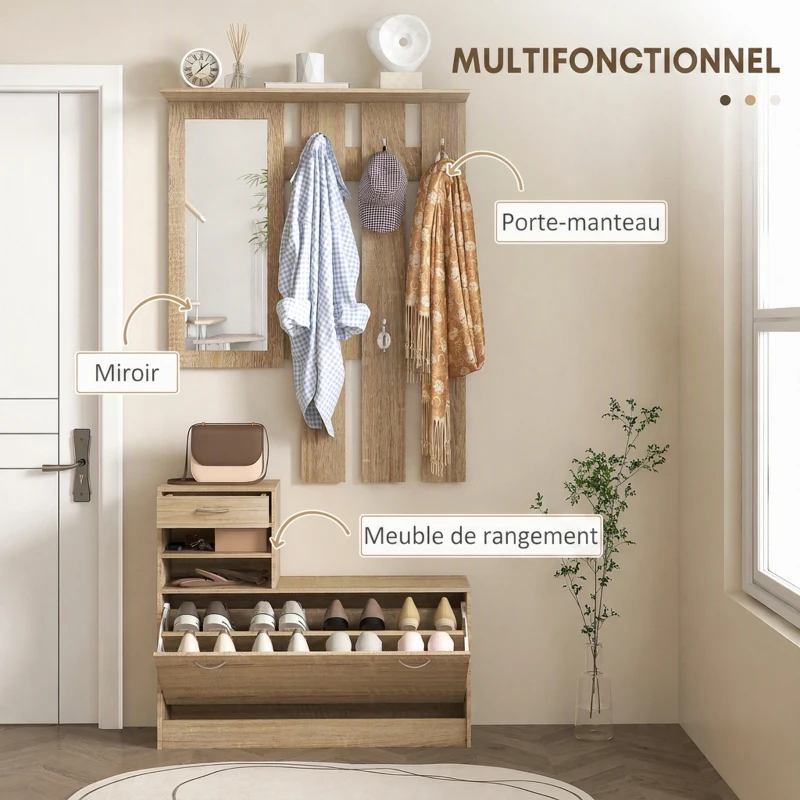 HOMCOM Meuble d'entrée vestiaire panneau porte-manteau, miroir et banc à chaussures - 6 crochets 90x10x91cm effet bois naturel