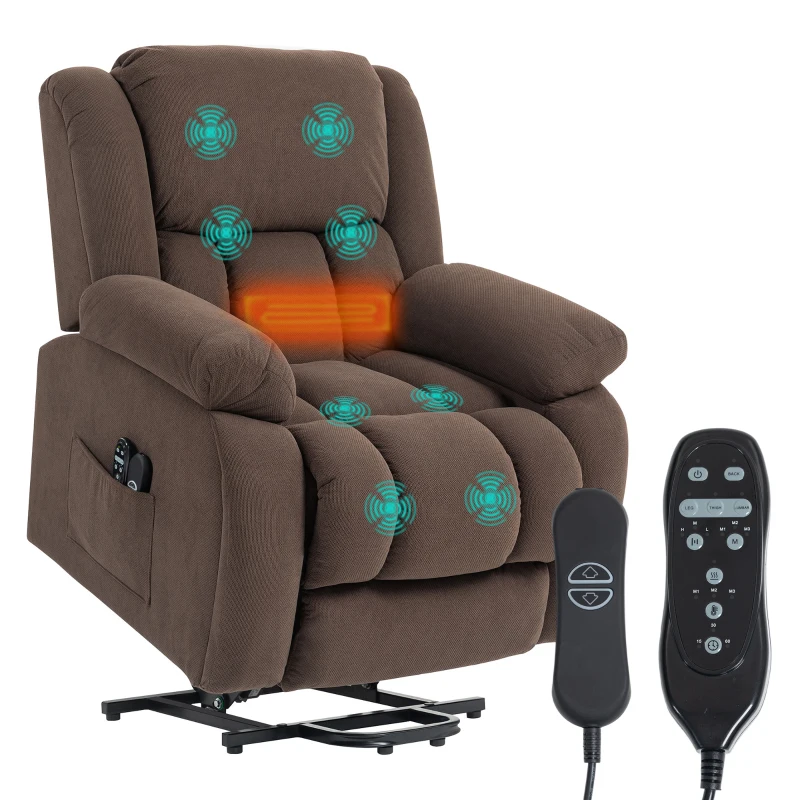 HOMCOM Fauteuil Releveur Électrique, Massage et Chauffage, Repose-Pieds, Dossier Inclinable, Télécommande, 93x104x100cm, Marron