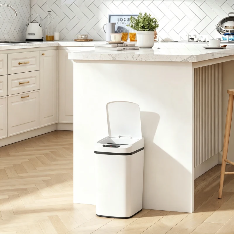 HOMCOM Poubelle de Cuisine Automatique 12 L en Acier Inoxydable, Poubelle à Capteur avec Couvercle, 28 x 22 x 41 cm, Blanc