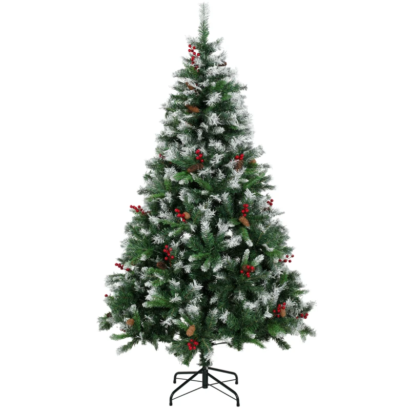 HOMCOM Árbol de Navidad Artificial Nevado 180 cm con 840 Ramas Bayas Rojas Piñas Base de Acero Plegable Montaje Rápido Verde