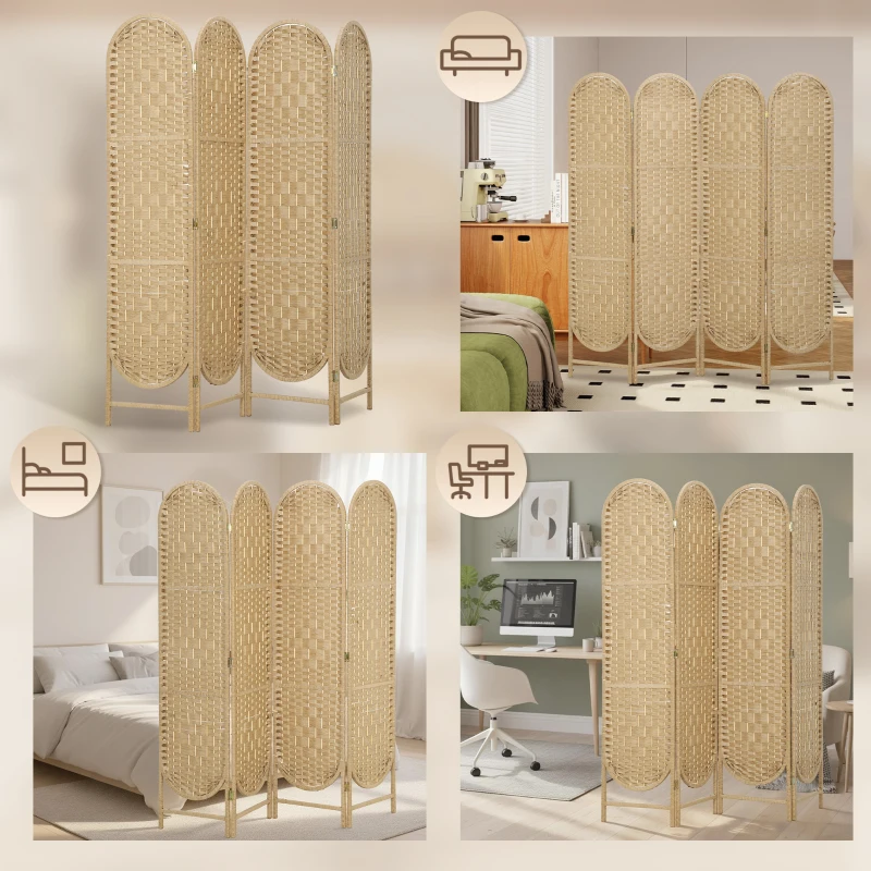 HOMCOM Paravent interieur ovale 4 panneaux 160 x 170 cm séparateur de pièce pliable, léger et tissé, bois naturel