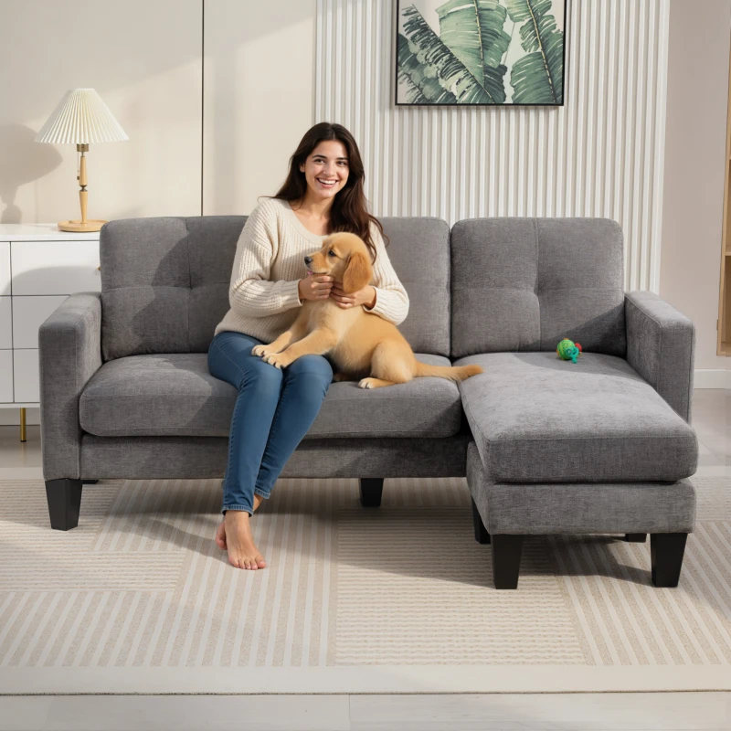 HOMCOM Sofá Chaise Longue Sofá em Forma de L Estofado em Poliéster Sofá de Canto Reversível 186x130x84 cm Cinzento Escuro