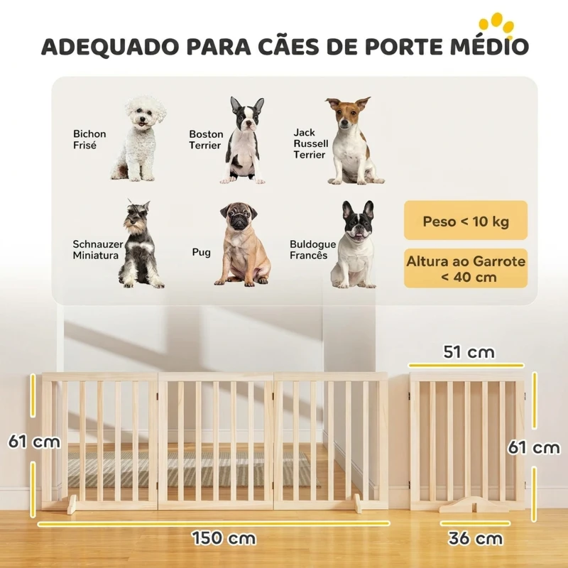 PawHut Barreira de Segurança Dobrável para Cães em Madeira, 3 Painéis, para Escadas e Portas, com 2 Pés de Apoio, 150x61 cm, Natural