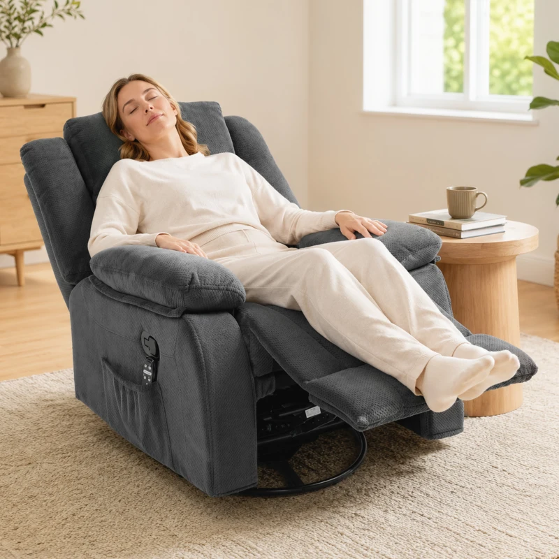 HOMCOM Poltrona de relaxamento com massagem vibratória e aquecimento, cadeira giratória ajustável manualmente com função de balanço e molas ensacadas, Cinza
