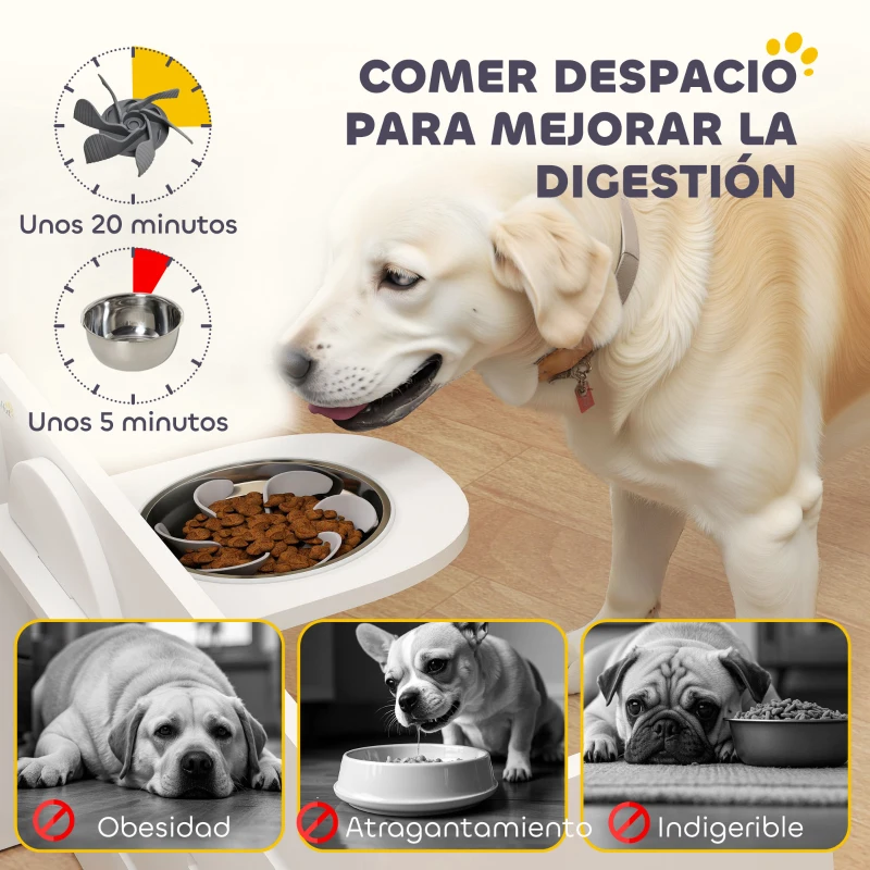 PawHut Comedero Elevado Doble para Perros con Altura Ajustable y Sistema de Alimentación Lenta 63x58,5x40 cm Blanco