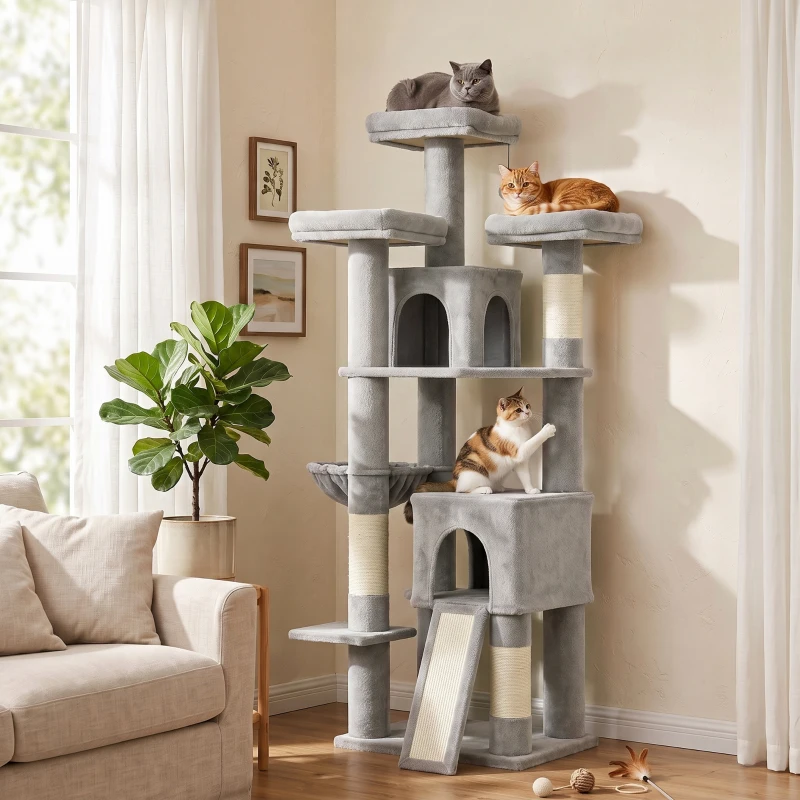 PawHut Kratzbaum Groß 184 cm hoch Katzenbaum mit 3 Kratzstämmen Liegeflächen Spielball Hängematte Leiter, Katzen unter 6 kg