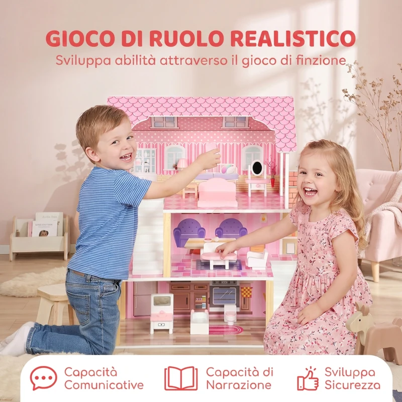 AIYAPLAY Casa delle Bambole in Legno per Bambini, 3 Piani con 10 Mobili, 6 Stanze, Regalo per Ragazze 3-6 Anni, Rosa