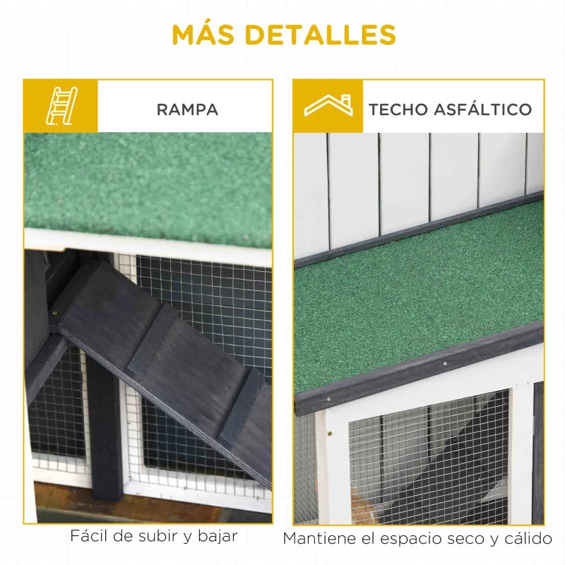 PawHut Conejera de Madera con Techo Abatible Escalera y Bandeja Extraíble Conejera para Exterior 197x49x86 cm Gris