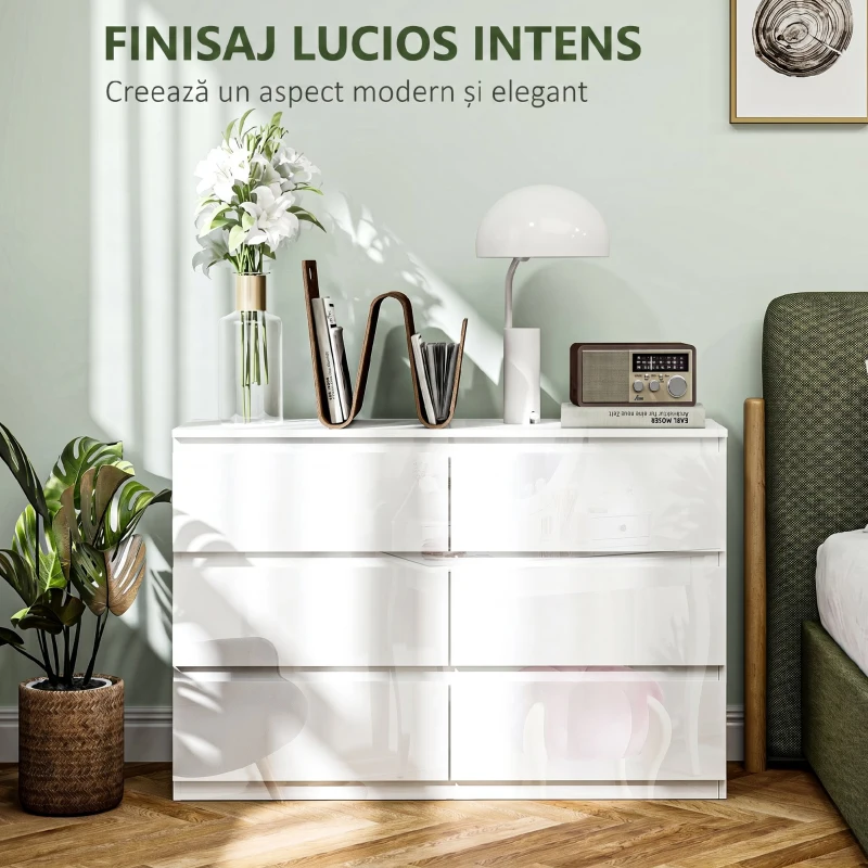 HOMCOM Comodă cu 6 Sertare din PAL, pentru Dormitor, Design Modern și Multifuncțional, 112x34x75 cm, Alb