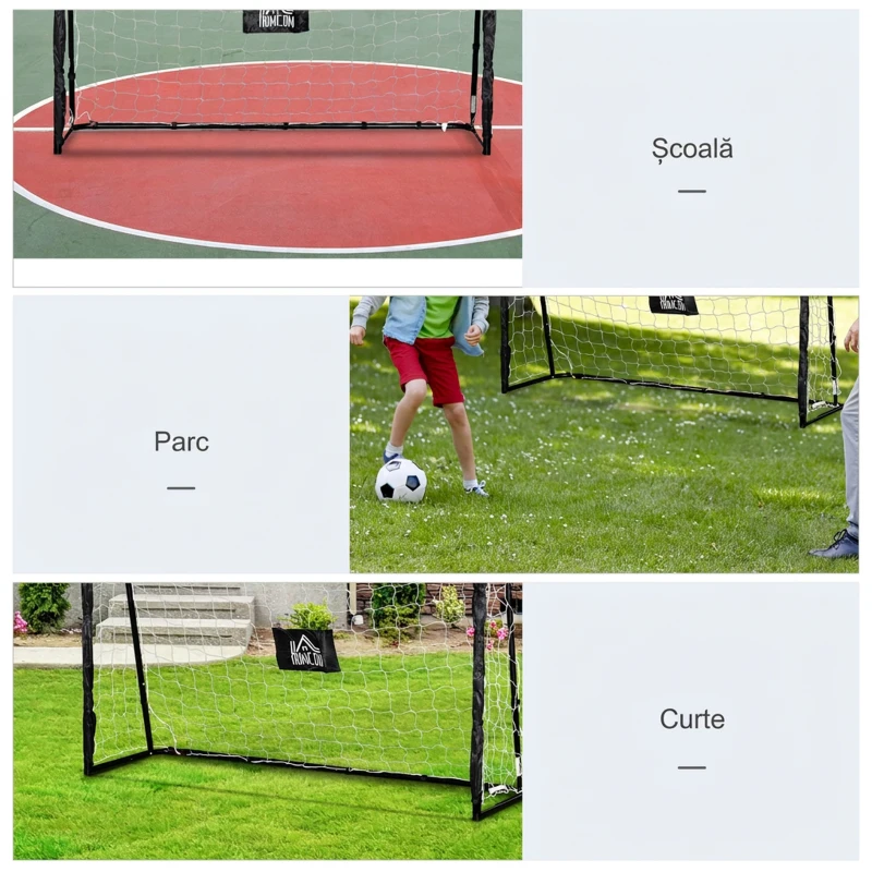 HOMCOM Poartă de Fotbal de Exterior din Metal, cu Țintă și Stâlpi din Material Oxford, 186 x 62 x 123 cm, Negru