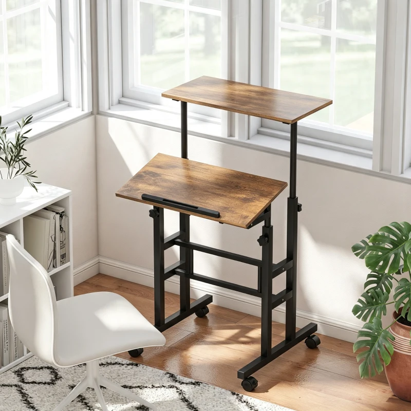 HOMCOM Bureau assis debout bureau réglable en hauteur 60 x 60 cm à roulettes avec plateau inclinable cadre métal brun rustique