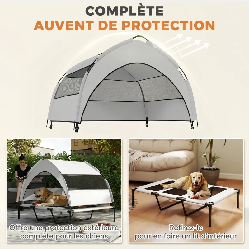 PawHut Lit pour Chien Surélevé Tente pour Chien avec Auvent Tente 3 Côtés Respirant Textilène Sac 122x92x94cm Gris Clair