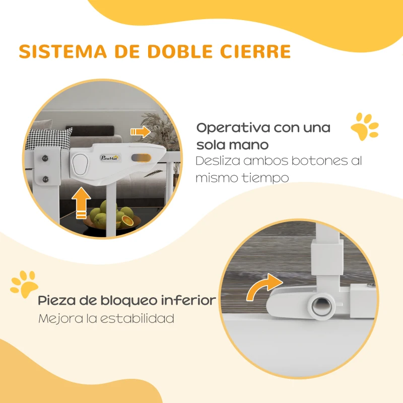 PawHut Barrera de Seguridad Extensible con Puerta Pequeña Cierre Automático y Sistema de Doble Bloqueo 74-101x104,1 cm Blanco
