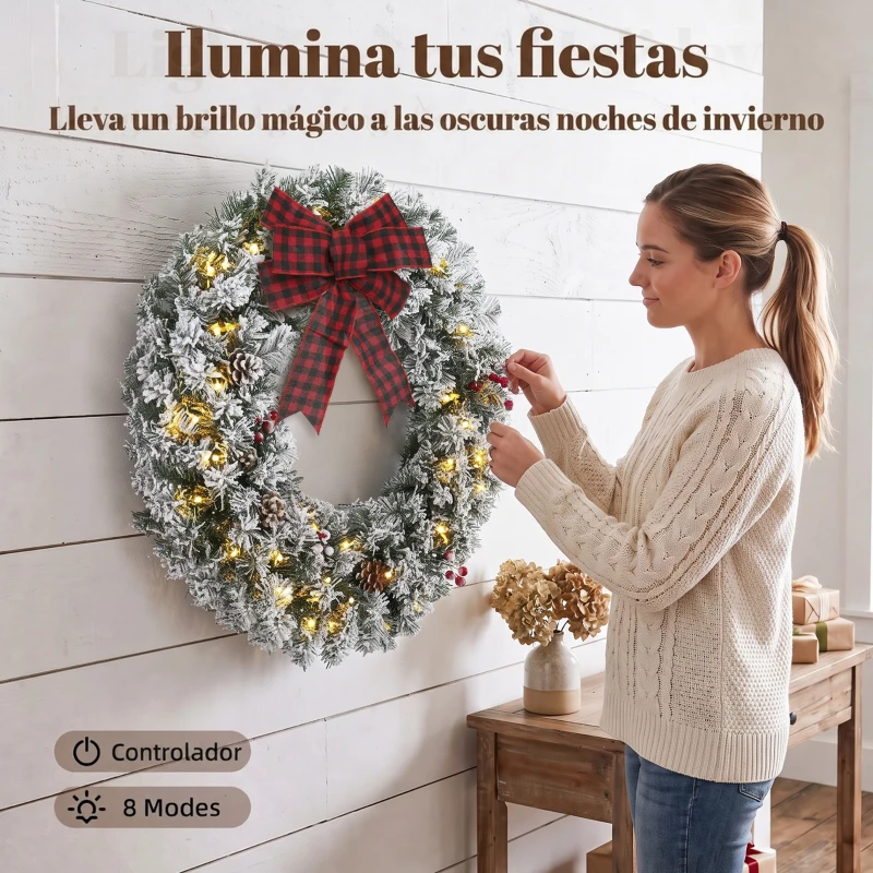 HOMCOM Corona de Navidad Puerta Efecto Nevado con 50 LED Luces Piñas Bayas y Lazo Festivo para Chimenea Pared Ventana