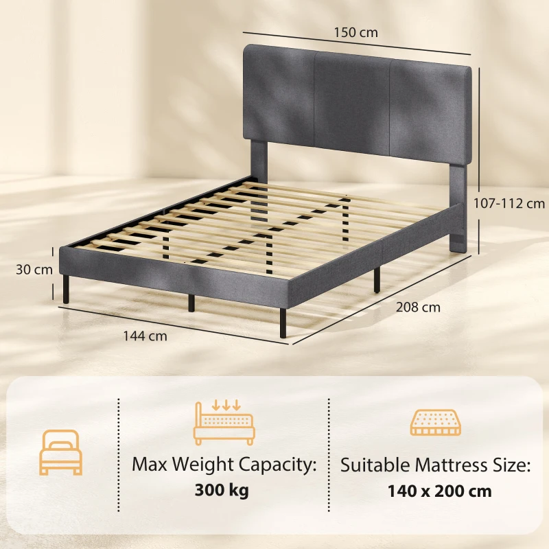 HOMCOM Cadru de pat 140 x 200 cm cu tăblie reglabilă, pat căptușit cu aspect de in cu 12 lamele