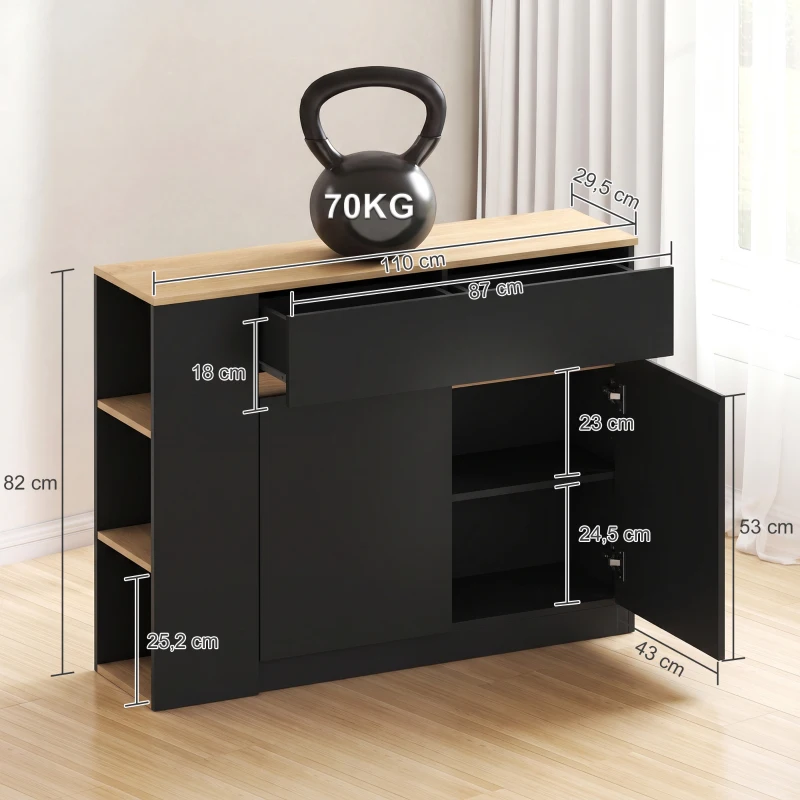 HOMCOM Aparador, Buffet, grande compartimento de armário, prateleira em 3 níveis, gaveta, preto, 110 x 29,5 x 82 cm