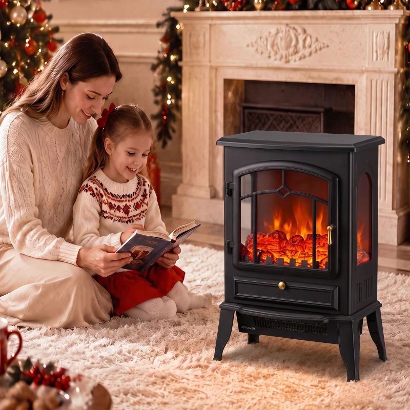 HOMCOM Chimenea Eléctrica 1000/2000 W con Efecto Llama 3 Vistas Termostato y Brillo Regulable Negro