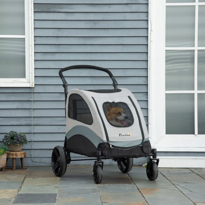 PawHut Carrito para Perros con Ventanas Bolsillo de Almacenaje Correas de Seguridad y 2 Ruedas Universales 107x67x102 cm Gris