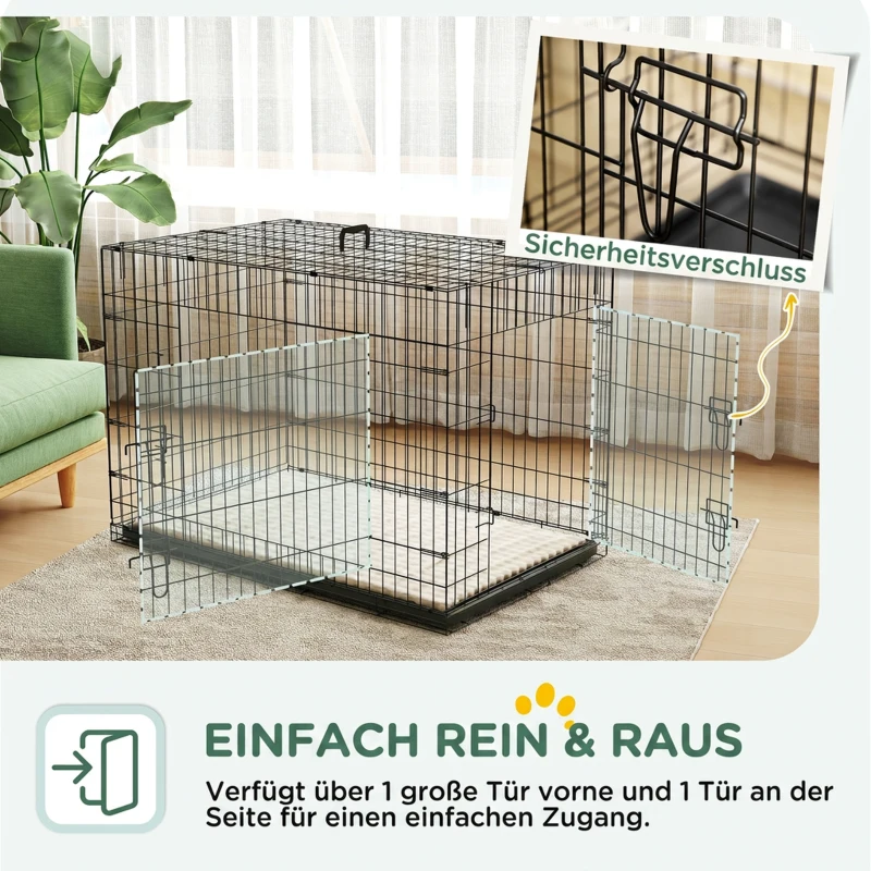 PawHut Hundekäfig klappbar Hundebox mit 2 Türen, Transportkäfig mit ausziehbare Bodenschale Kissen 106 x 71,5 x 76 cm Schwarz