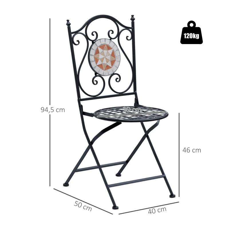 Outsunny Set de 2 Sillas Plegables de Jardín Bistro Silla Asiento Mosaico para Terraza Balcón Metal Carga 120 kg 50x40x94,5 cm Negro